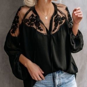 1 L left! Beautiful Black Chiffon Lace Blouse